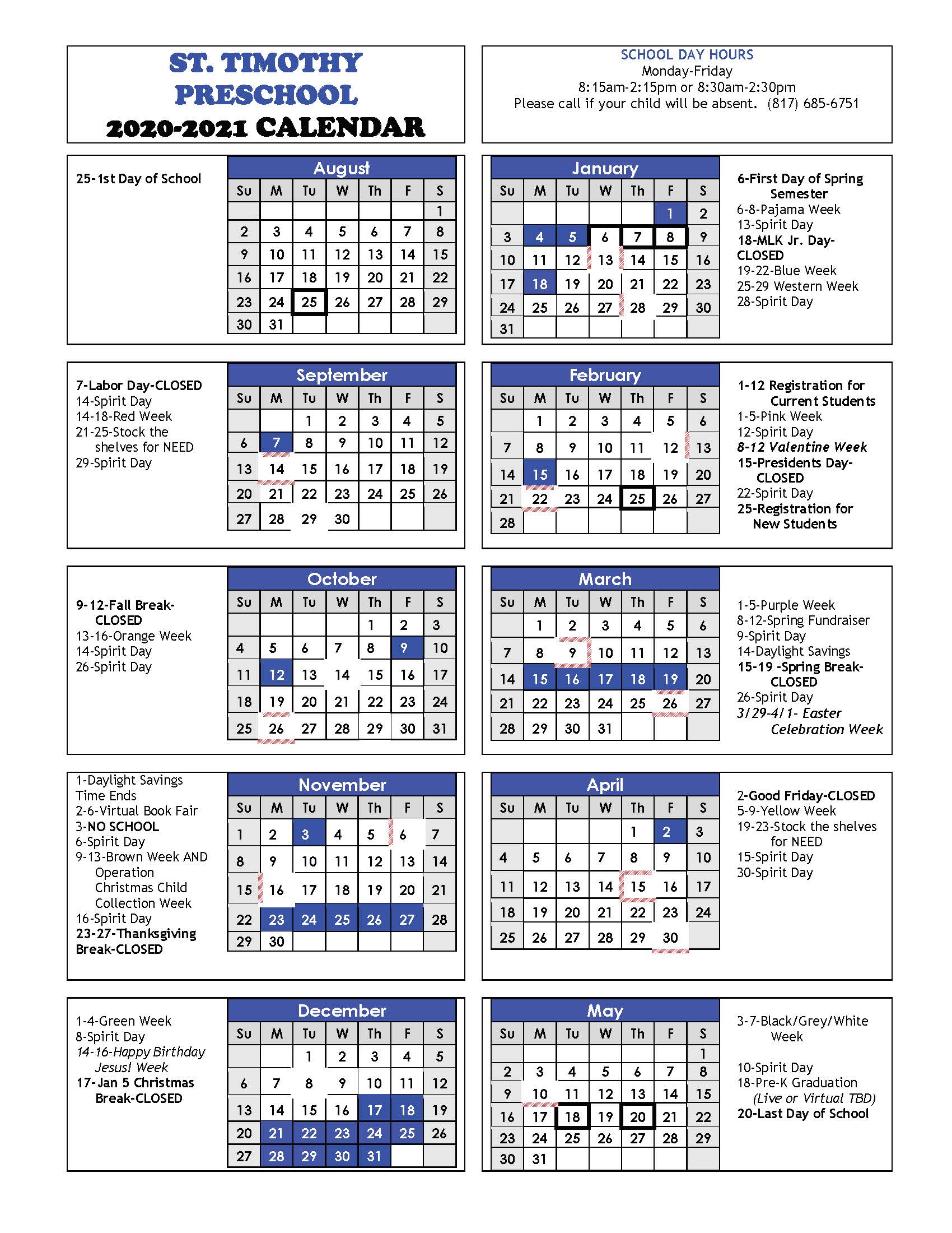 Calendar St Timothy Preschool