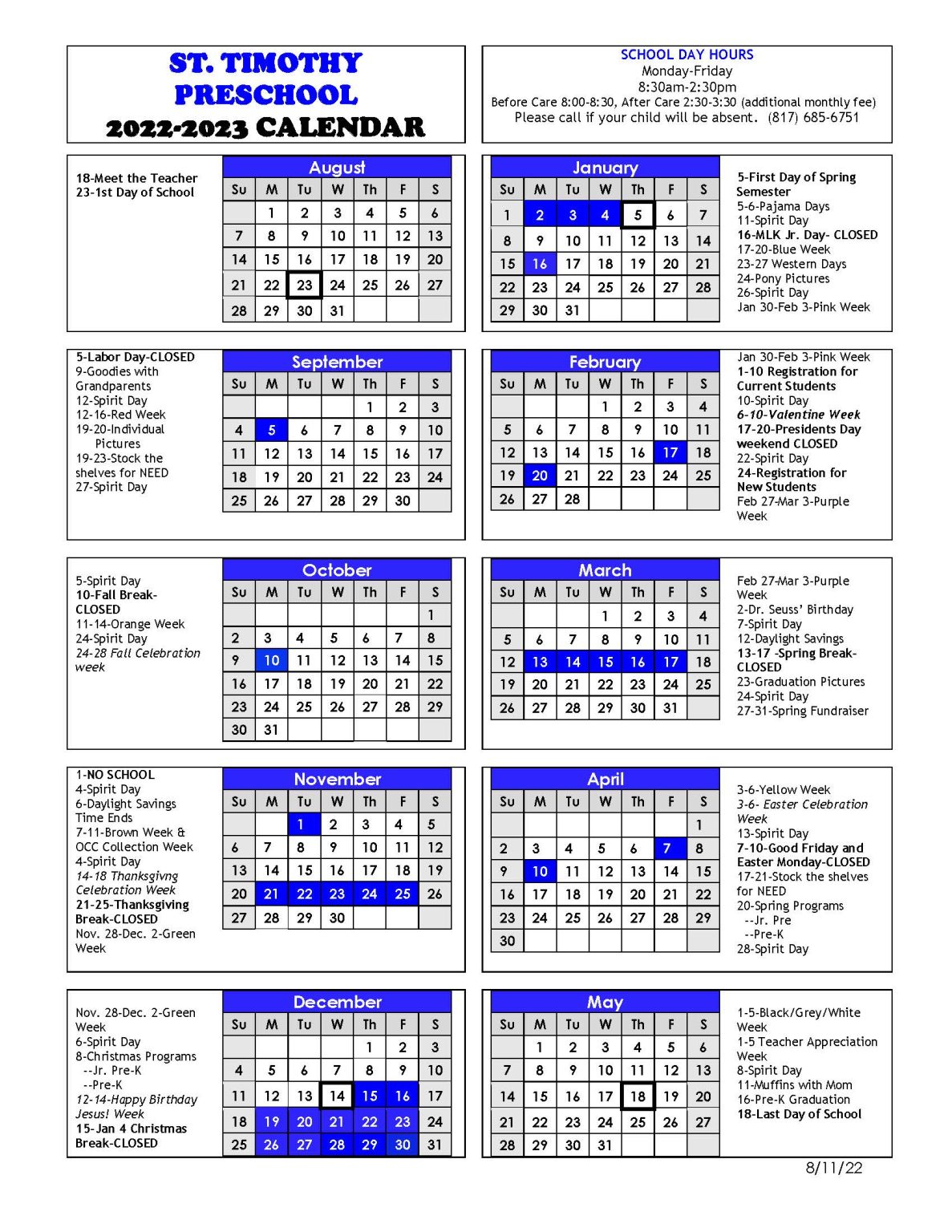 2022 - 2023 School Year Calendar - St. Timothy Preschool