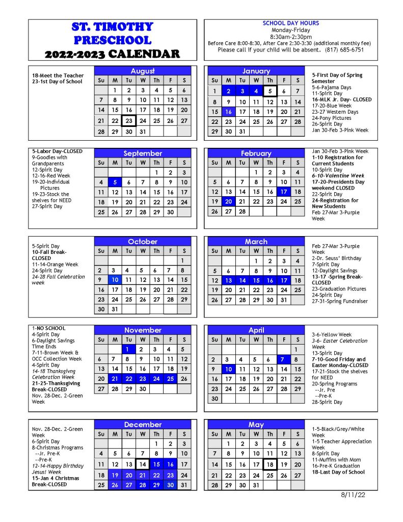 Calendar - St. Timothy Preschool