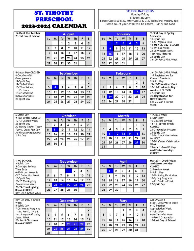 2023-2024 School Year Calendar - St. Timothy Preschool